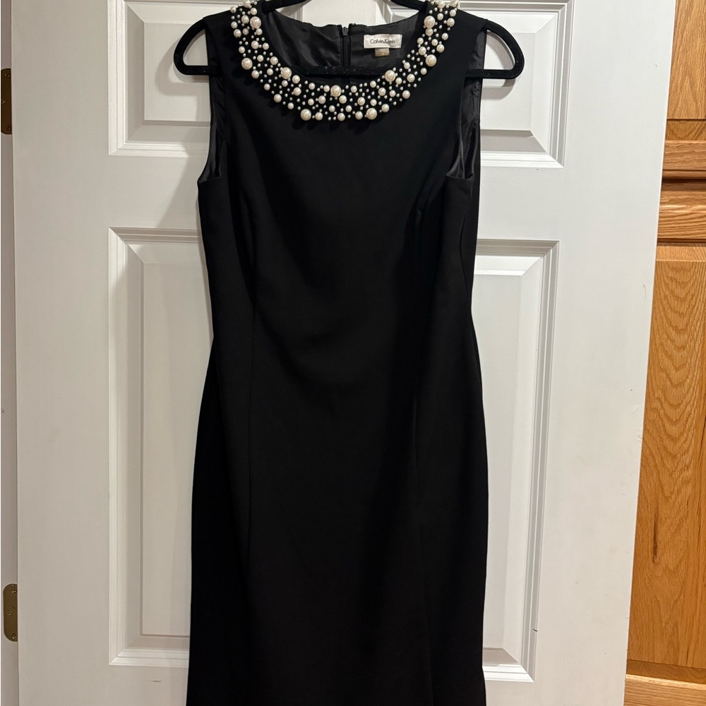 Calvin Klein Black Sleeveless Midi Dress with Pearl-Embellished Neckline